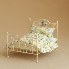 Vintage Iron Bed w/ Floral Headboard & Pink Blanket