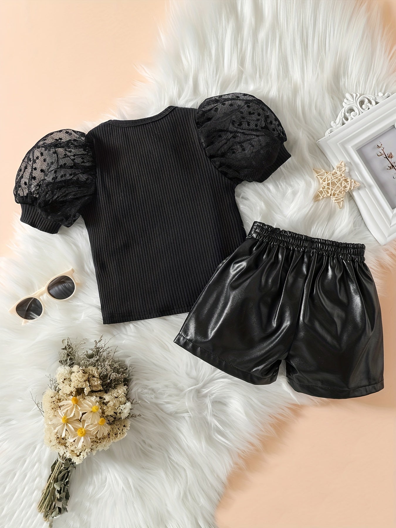 Girls Polka Dot Mesh Puff Sleeve Top & PU Drawstring Shorts Set