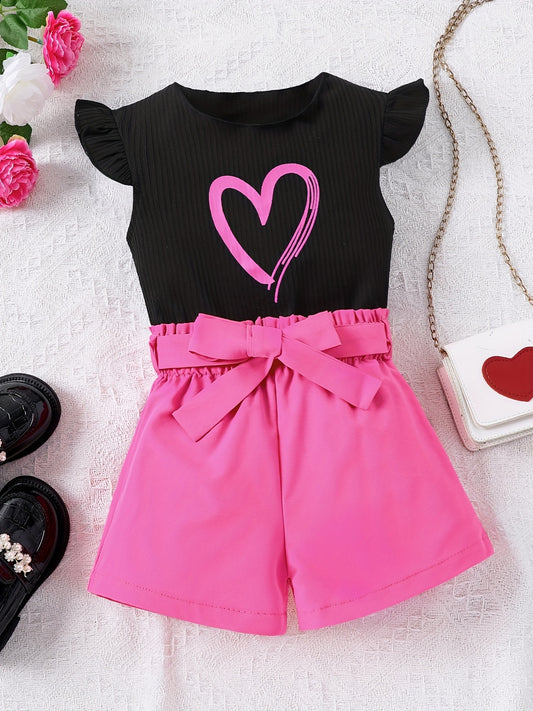 Girls Heart Graphic Flutter Sleeve Top & Belted Waist Shorts Set