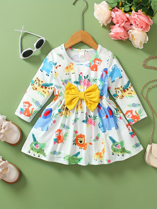 Baby Girls' Bowknot Front Cartoon Animals Full Print Long Sleeve Princess Dress