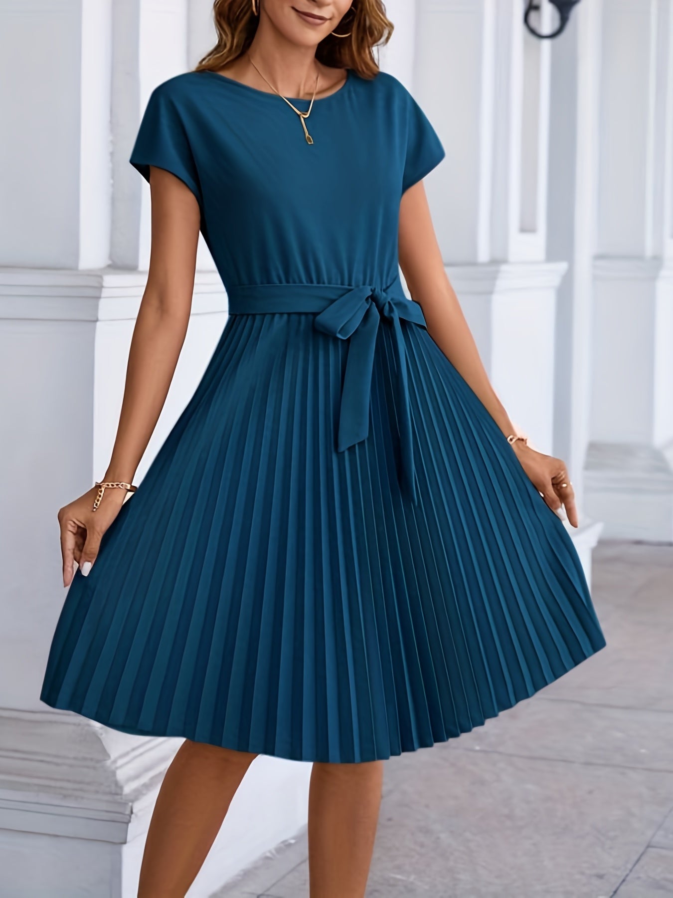 Pleated Tie Front Dress Short Sleeve Casual Solid Dress