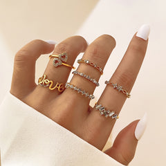 7pcs Golden Letter Love Rhinestone Joint Ring Set For Women