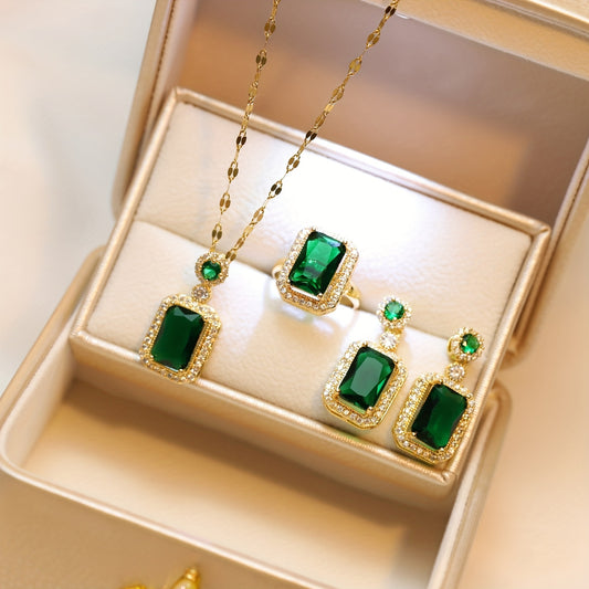 Rhinestone Jewelry Set: Earrings, Necklace, Ring