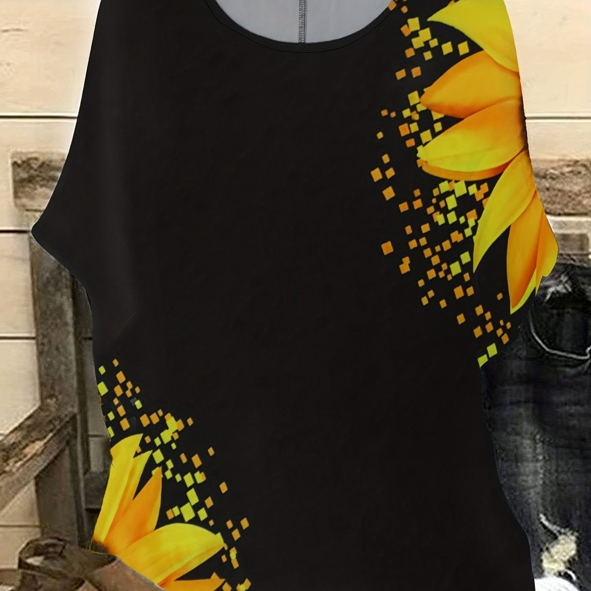  Sunflower Print Drop Shoulder Blouse