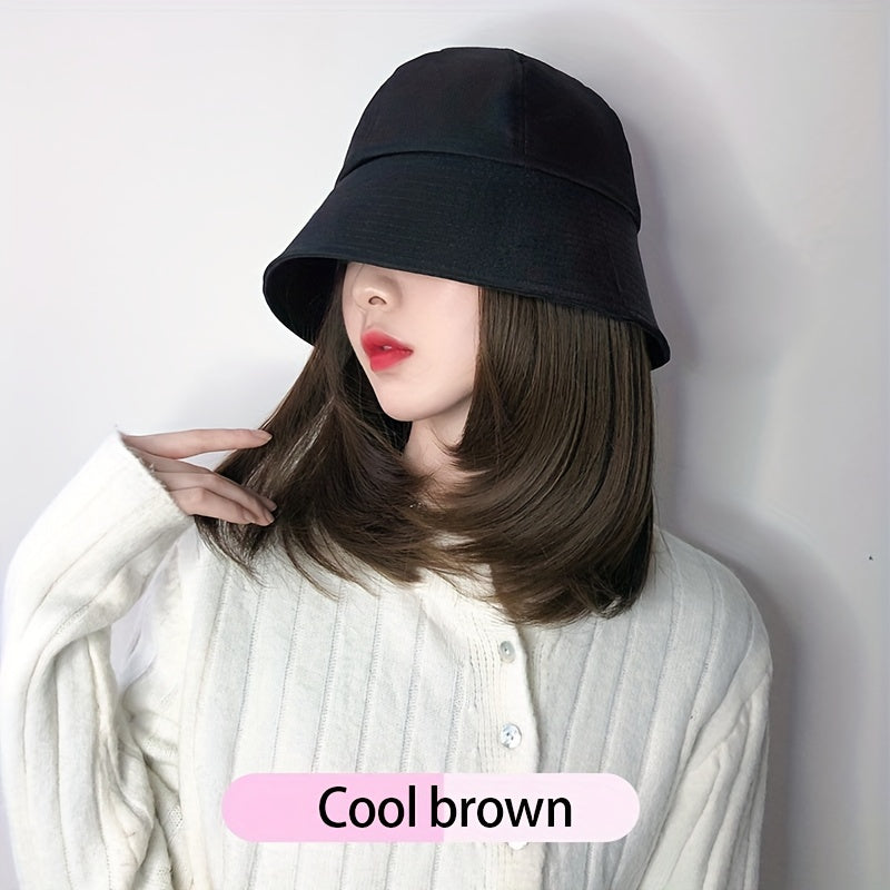 Women's Bucket Hat Wig Shoulder Length Curly Hair Solid Outdoor Sunscreen Hat