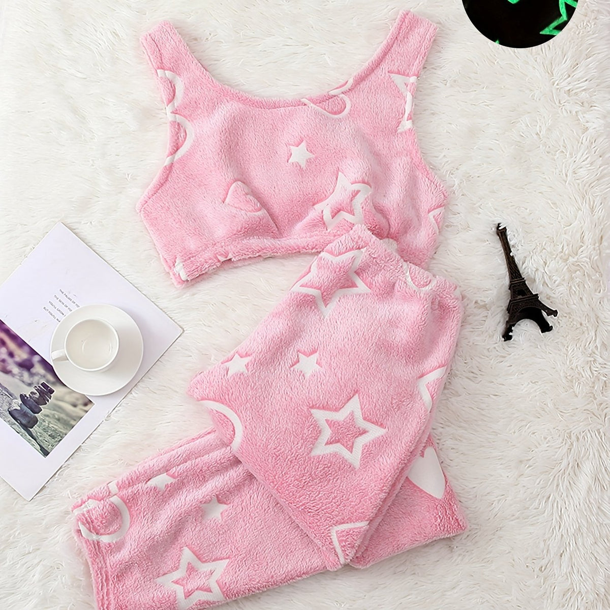 Star Pattern Plush Pajama Set Sleeveless Crop Top & Loose Pants