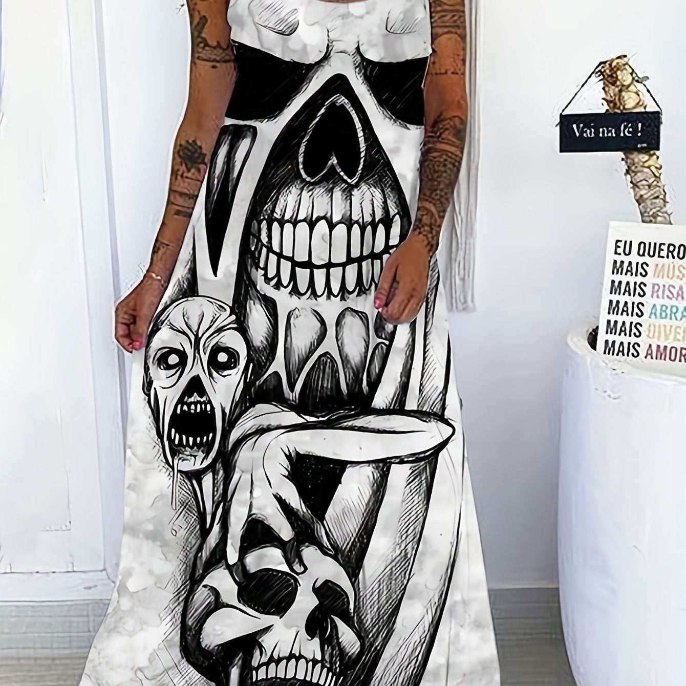 Plus Size Grunge Dress Women's Plus Skull Print Tie Shoulder