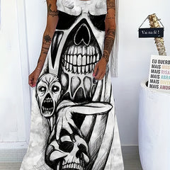 Plus Size Grunge Dress Women's Plus Skull Print Tie Shoulder