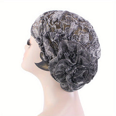 Plate Flower Lace Turban Cap Solid Head Wrap Elastic Hijab Cap