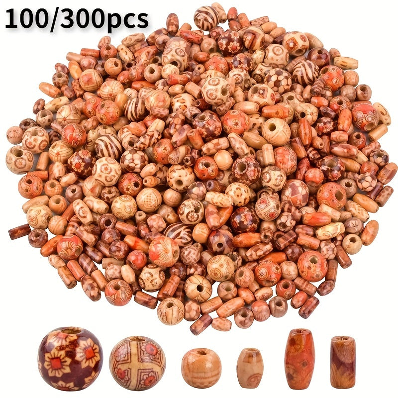 100-300pcs Mixed Size Shape Wooden Beads Large Hole Craft Beads