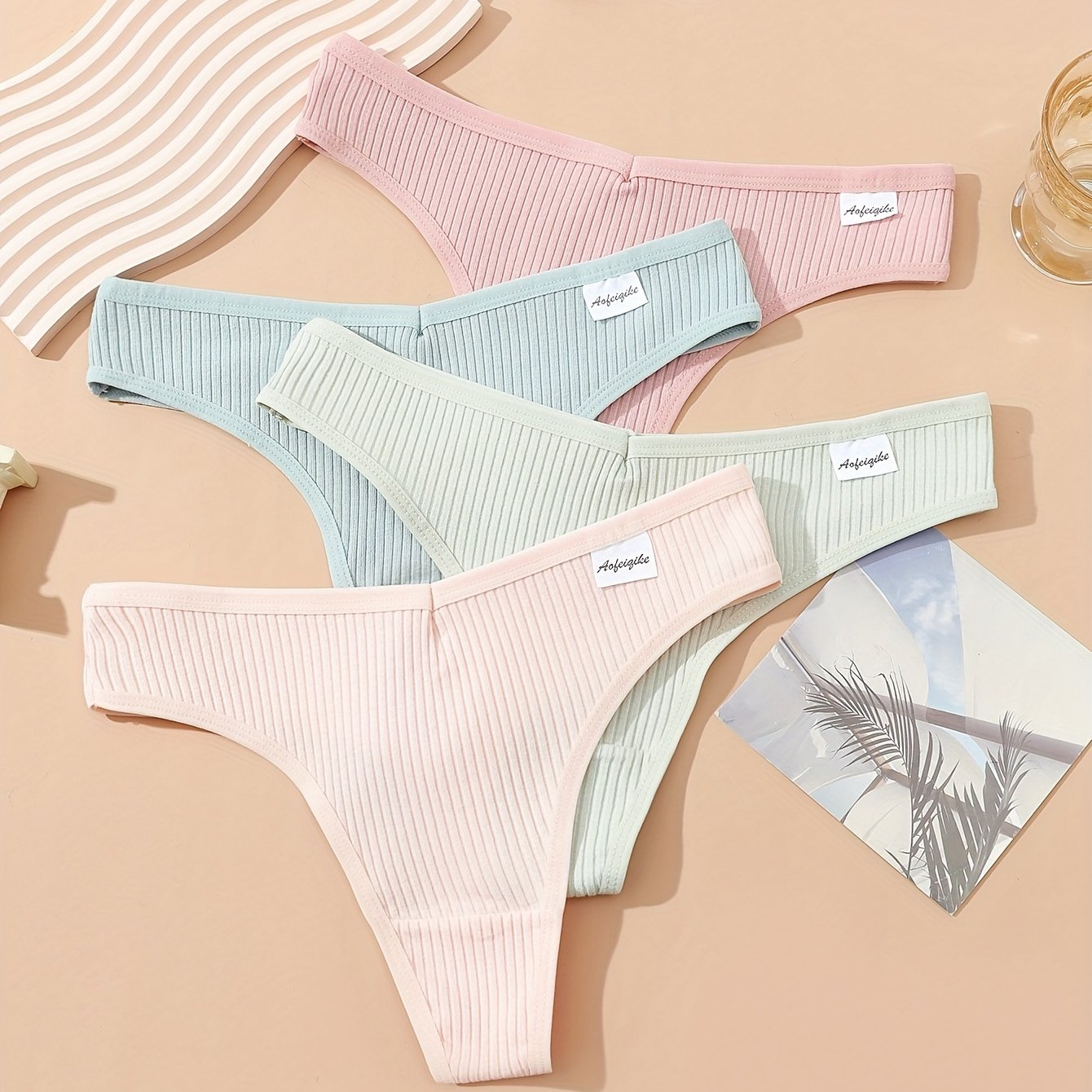 4pcs Soft Ribbed Stretchy Thongs Comfy Intimates Panties Women's Lingerie