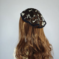 Embroidered Lace Bridal Short Layered Round Veil Headscarf Church Hat