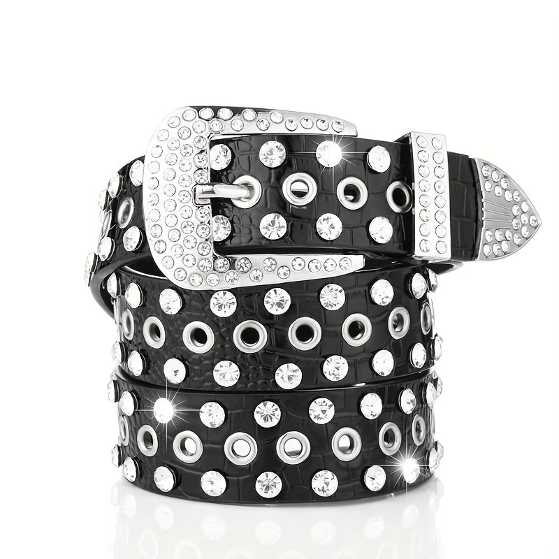 Punk Eyelet PU Belt Leopard Print Rhinestone Inlaid Hip Hop Cowboy Cowgirl Belts