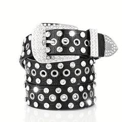 Punk Eyelet PU Belt Leopard Print Rhinestone Inlaid Hip Hop Cowboy Cowgirl Belts