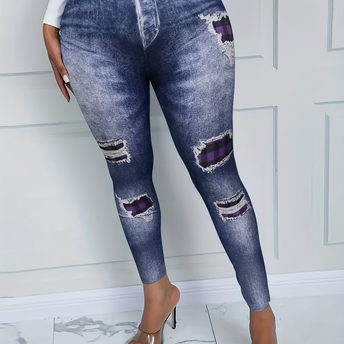 Denim Print Skinny Leggings Long Casual Pants