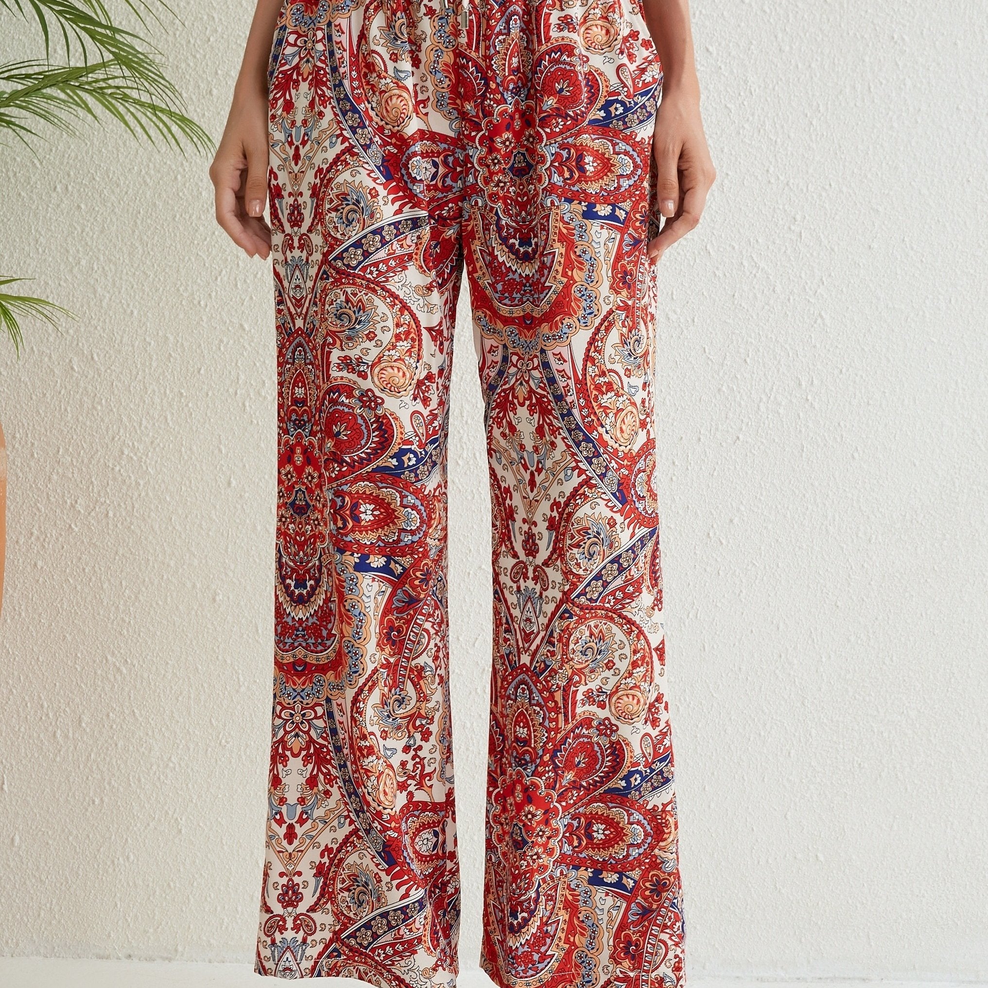 Paisley Print Drawstring Pants Bohemian Pants For Spring & Summer