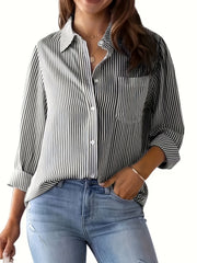  Stripe Print Button Up Long Sleeve Blouse