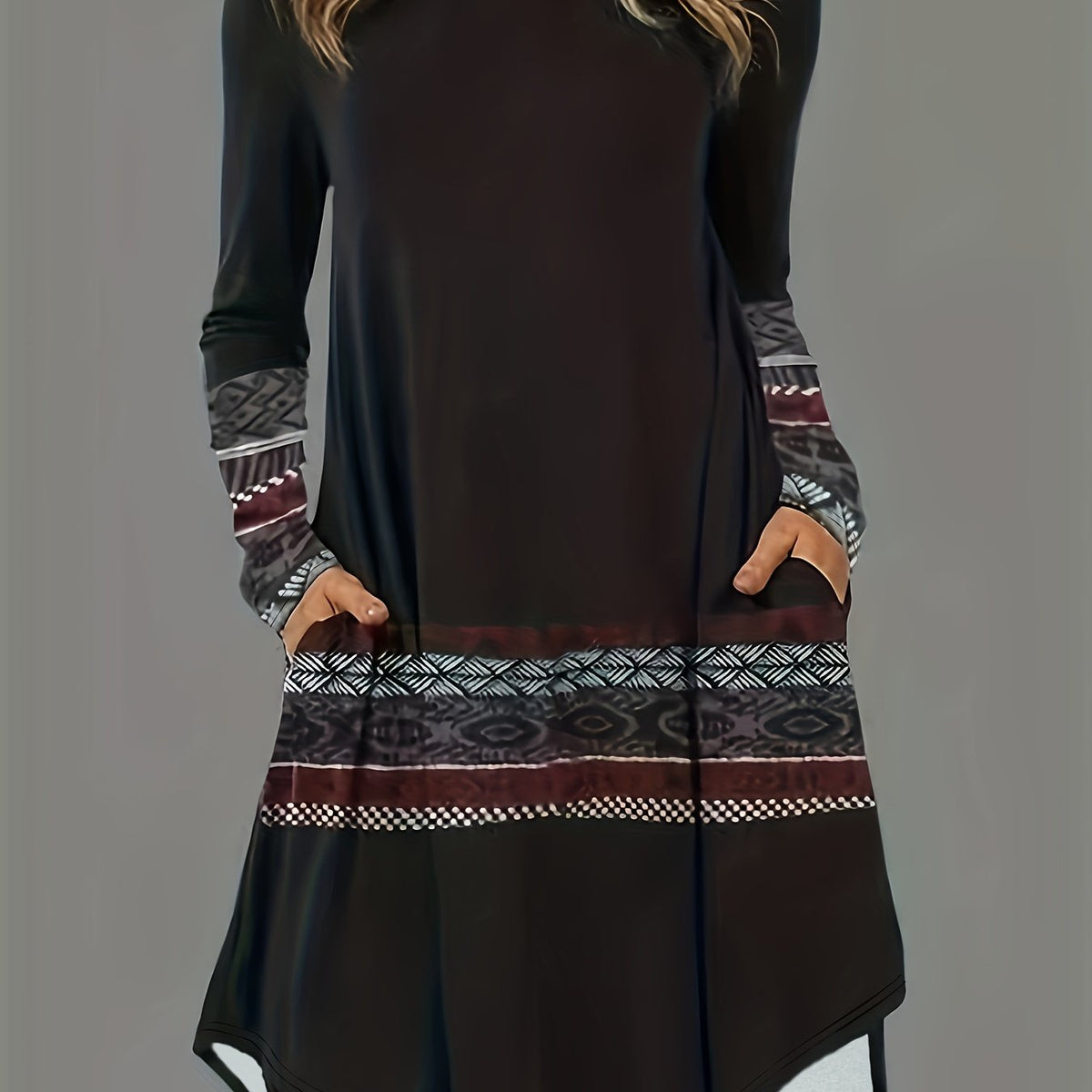 Geometric Print Long Sleeve Plus Size Casual Dress with Pockets