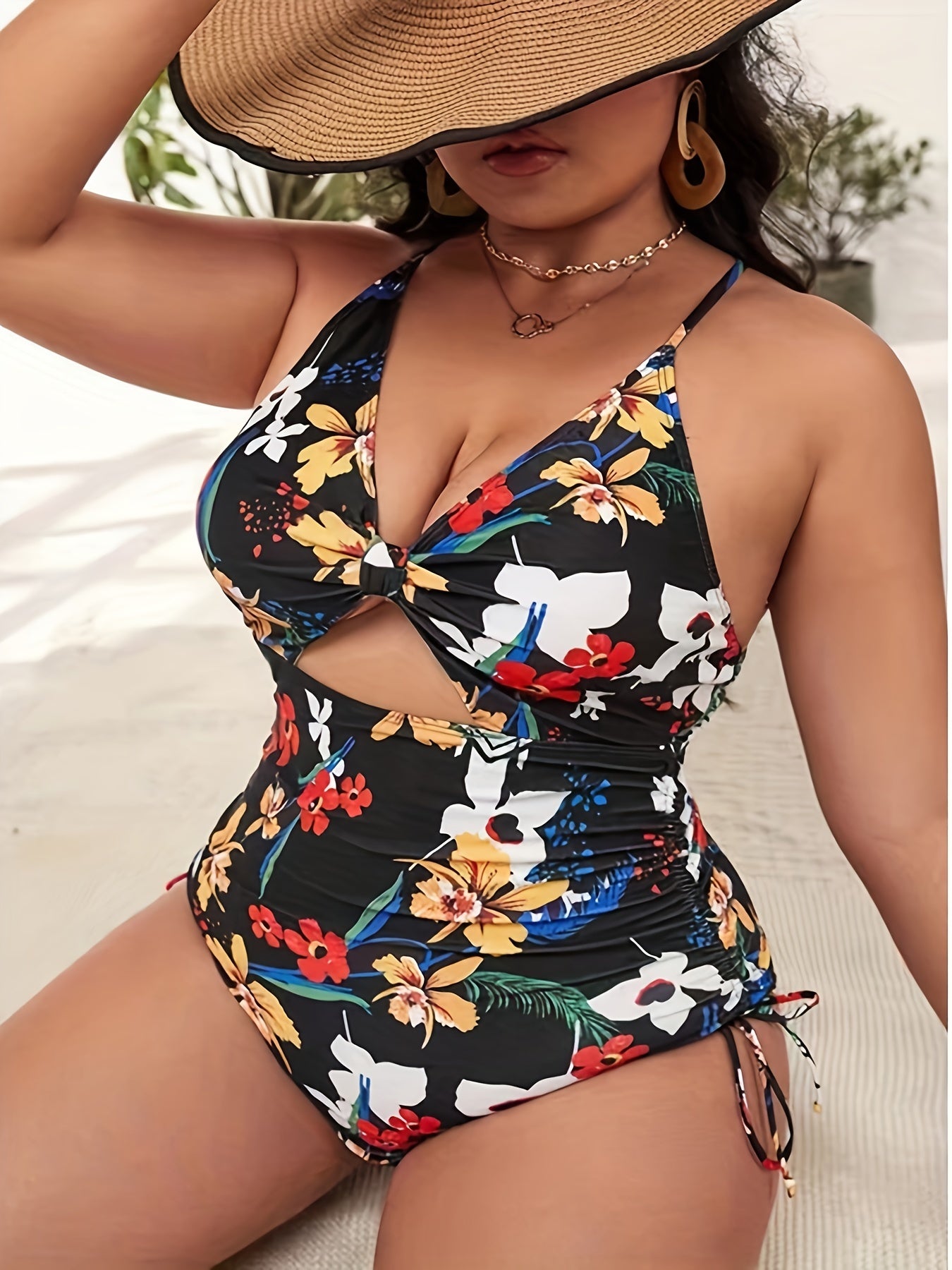  Allover Print Lace Up Crisscross Back One Piece Swimsuit