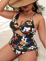  Allover Print Lace Up Crisscross Back One Piece Swimsuit