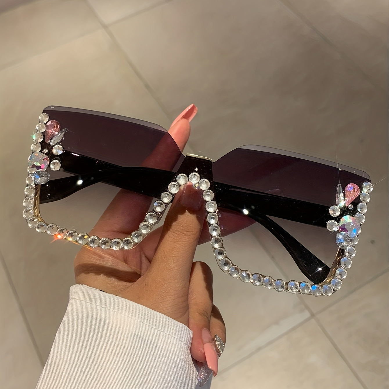 Square Rimless Sunglasses Rhinestone UV400 Shades