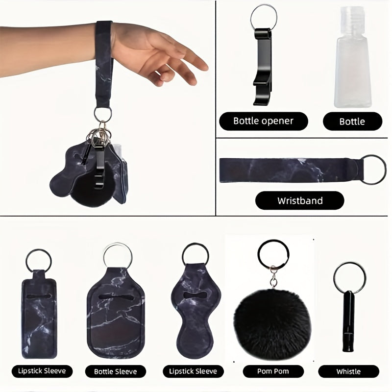 8pcs Safety Keychain Set with Door Opener Bottle Opener Plush Ball Bag Purse Key