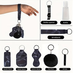 8pcs Safety Keychain Set with Door Opener Bottle Opener Plush Ball Bag Purse Key