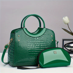 Stylish Crocodile Embossed Handbag & Clutch Set