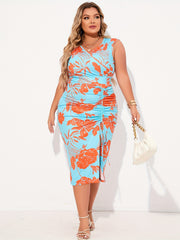  Floral Print Ruched Midi Tank Dress