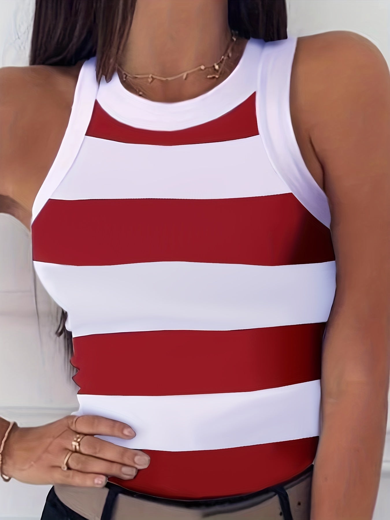 Striped Tank Top Sleeveless Crew Neck Casual Tops Women's Clothing