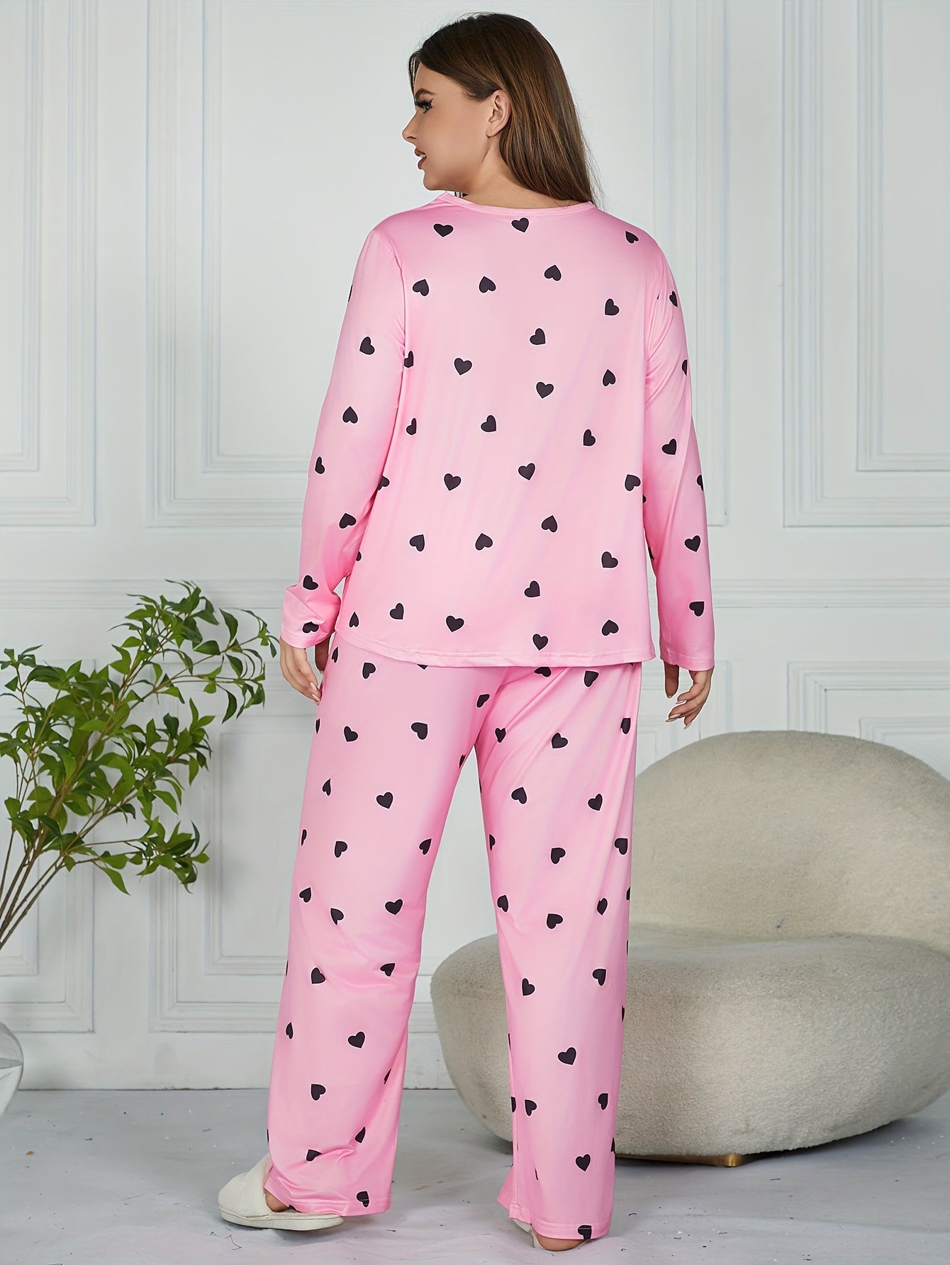  Heart Print Long Sleeve Tee & Pants Pajamas Set