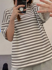 Striped Print Pajama Set Short Sleeve Crew Neck Top & Elastic Waistband Shorts