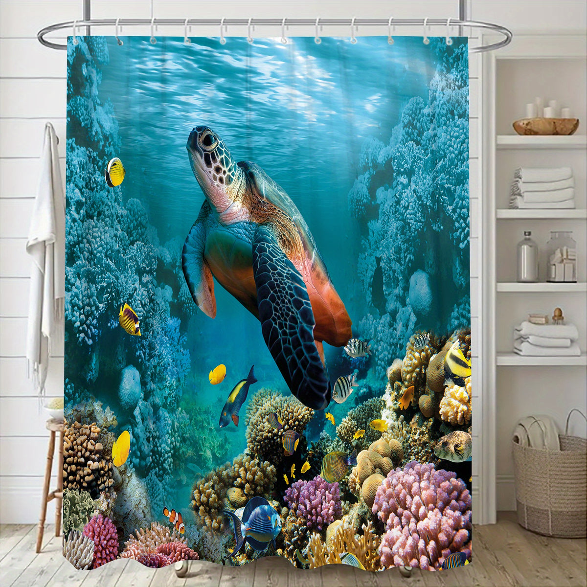 4pcs Waterproof Turtle Shower Curtain Set with 12 Hooks