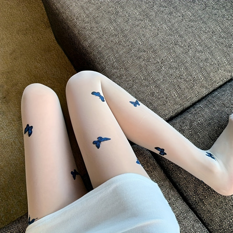 Butterfly Print High Waist Semi-Sheer Footed Pantyhose