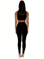 Solid Slim Two piece Set Mock Neck Crop Vest Top & Skinny Pants
