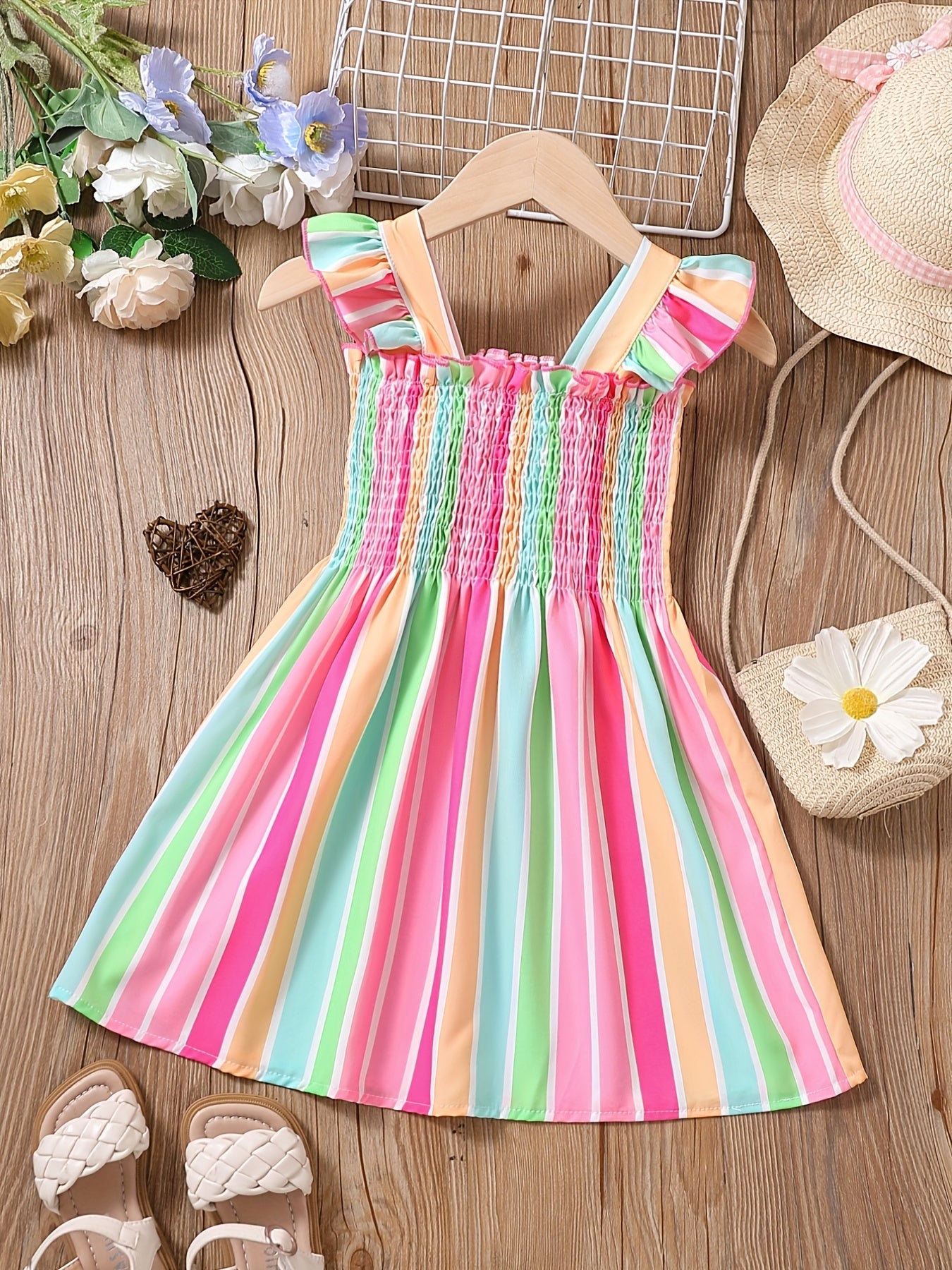 Girls Striped Sleeveless Dress Ruffles Ruched Summer Clothes