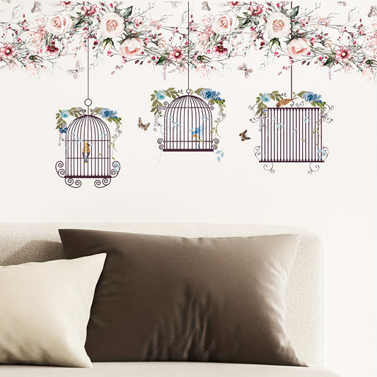Flowers Wall Stickers DIY Butterfly Green Leaves Birdcage Parrots Wall Decals