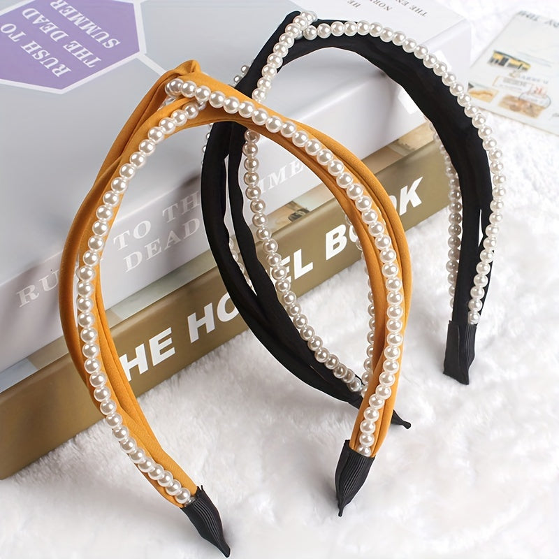 Cross Knot Headband with Faux Pearl Decor