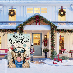 Hello Winter Dog Garden Flag Double Sided Snowflake Skiing Golden Retriever