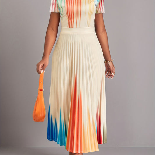 Colorful Pleated 2pc Set Crew Neck Short Sleeve Tops & Maxi Skirts Outfit