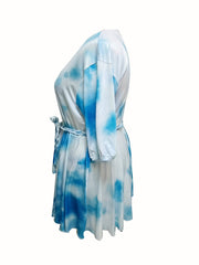  Tie Dye Half Sleeve Round Neck Mini Dress With Belt