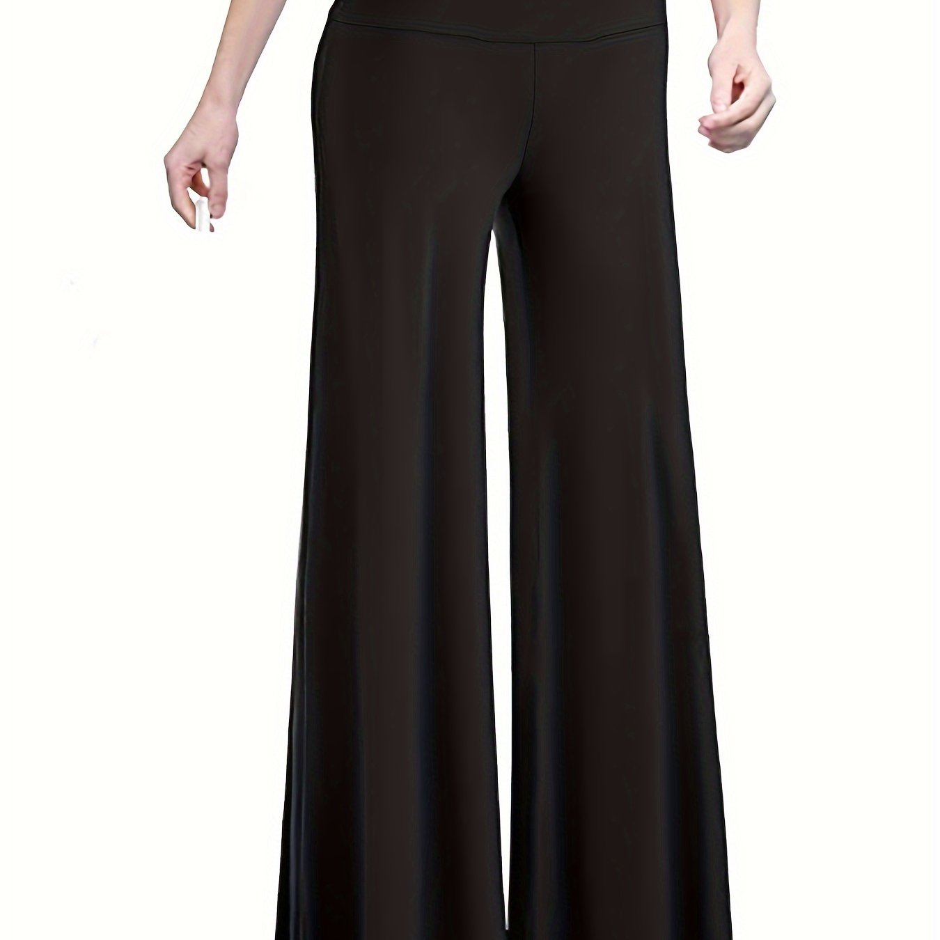  Solid Wide Band Waist High Rise Wide Leg Pants