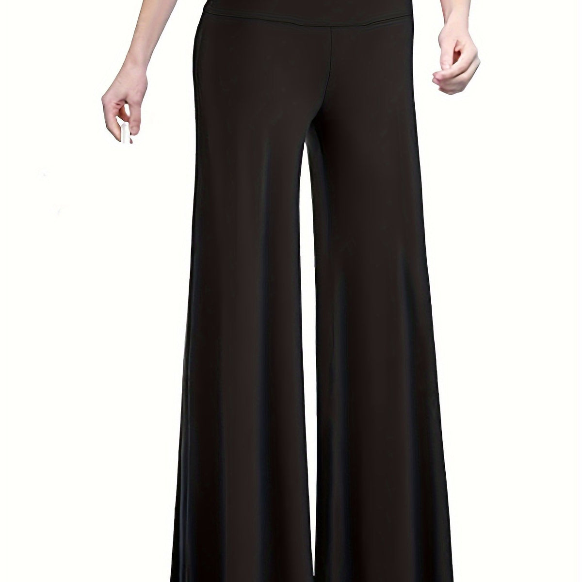  Solid Wide Band Waist High Rise Wide Leg Pants