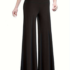  Solid Wide Band Waist High Rise Wide Leg Pants