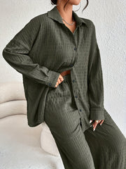  Solid Button-Up Long Sleeve Blouse & Wide Leg Pants Set