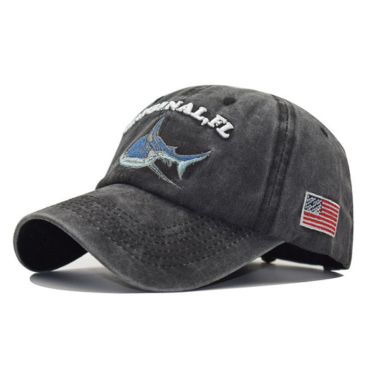 Distressed Shark Embroidery Baseball Cap Vintage Sun Hat
