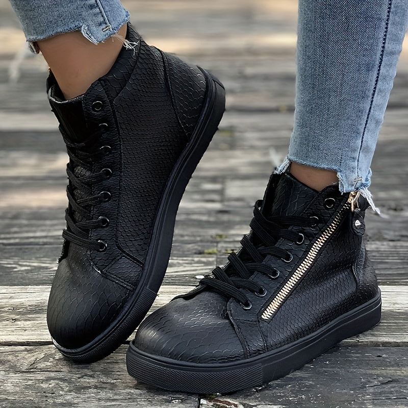 Side Zipper High Top Flat Skate Shoes Non Slip Faux Leather Sneakers