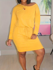  One Shoulder Drawstring Waist Dress With Pockets
