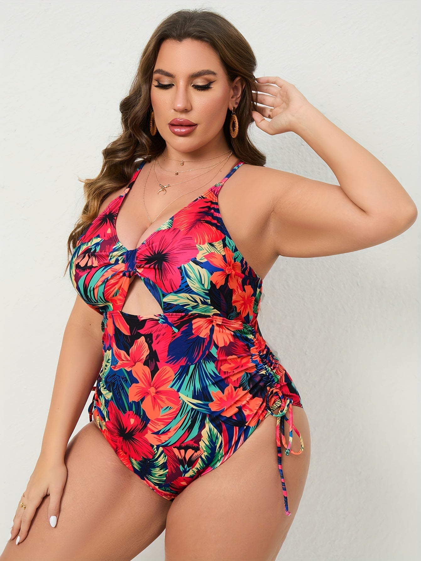 Floral Print Cut Out Drawstring One Piece Swimsuit