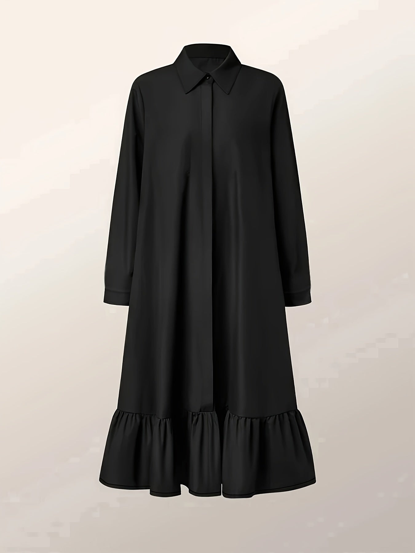  Solid Button Up Long Sleeve Ruffle Trim Midi Shirt Dress